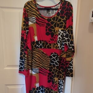 Ashley Stewart Maxi Dress Women's 22/24 Red Animal Print/Patchwork Round Neck